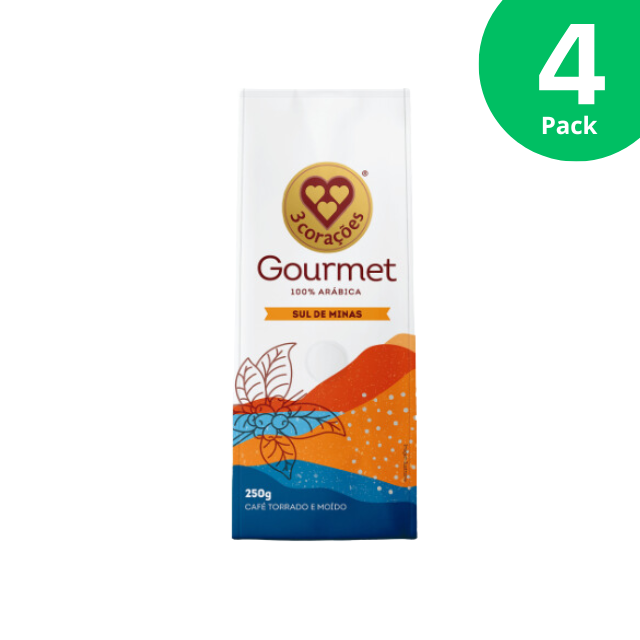 4 Packs 3 Corações Sul de Minas Gourmet Coffee - Medium Roast Ground - 4 x 250g (8.8 oz) | Sensory notes of Chestnuts and Almonds - Brazilian Arabica Coffee