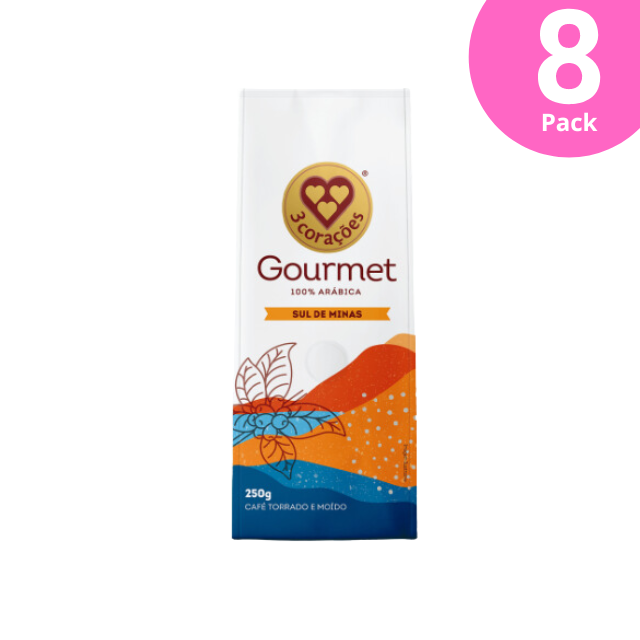 8 Packs 3 Corações Sul de Minas Gourmet Coffee - Medium Roast Ground - 8 x 250g (8.8 oz) | Sensory notes of Chestnuts and Almonds - Brazilian Arabica Coffee