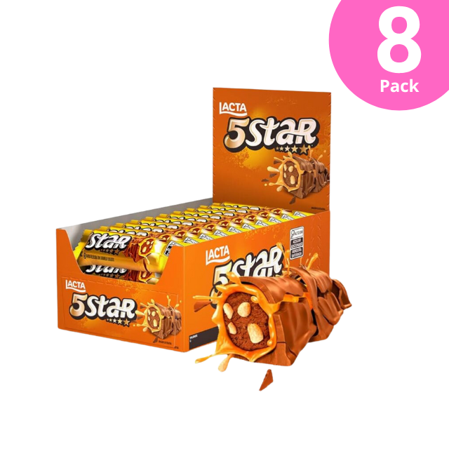 8 Packs Lacta 5 Star Chocolate Caramel & Biscuit - 8 x Box of 18 Units (720g Total / 25.4 oz) | Milk Chocolate Treats