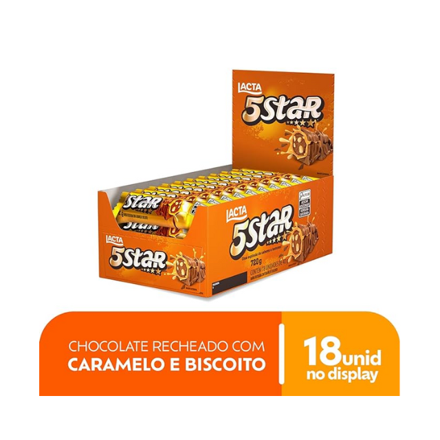 Lacta 5 Star Chocolate Caramel & Biscuit - Box of 18 Units (720g Total / 25.4 oz) | Milk Chocolate Treats