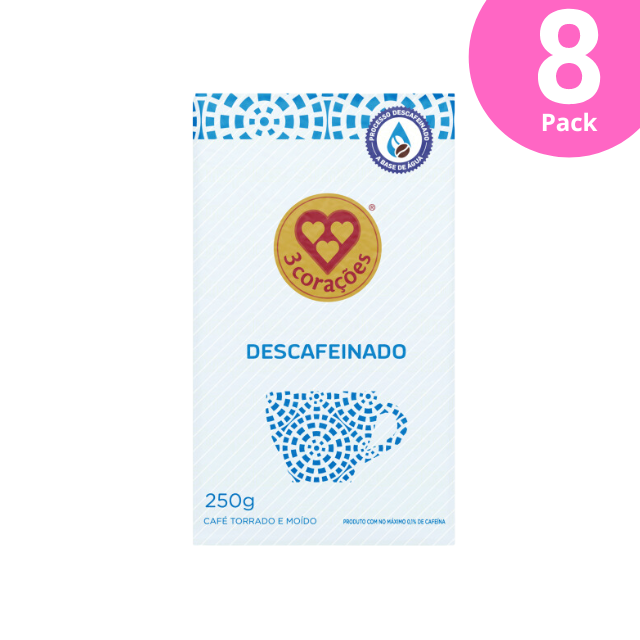 8 Pack 3 Corações Decaffeinated Roasted and Ground Coffee - Vacuum Sealed - 8 x 250g (8.8 oz) | Smooth Flavor