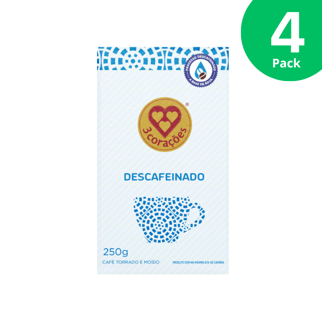 4 Pack 3 Corações Decaffeinated Roasted and Ground Coffee - Vacuum Sealed - 4 x 250g (8.8 oz) | Smooth Flavor