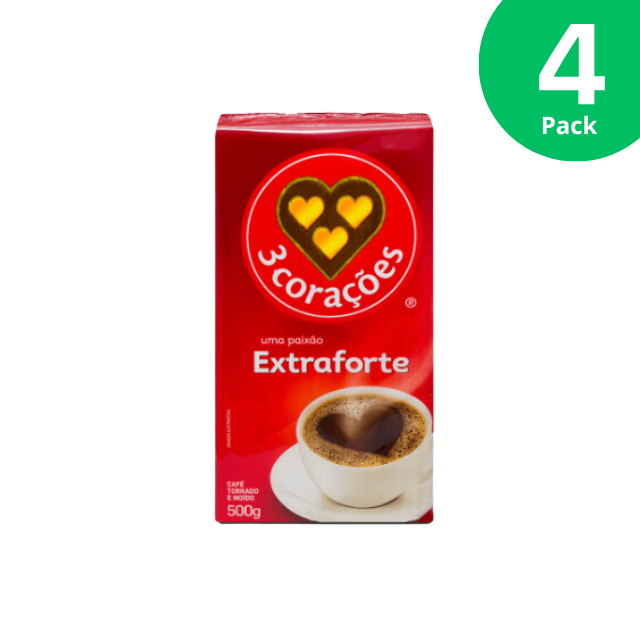 4 Packs 3 Corações Extra Forte Vacuum-Sealed Roasted and Ground Coffee - 4 x 500g (17.6 oz)