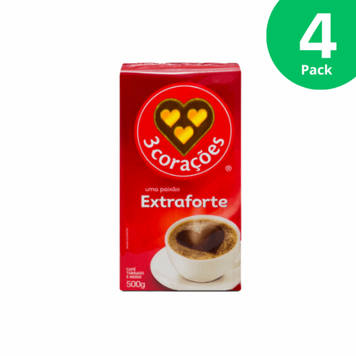 4-Pack 3 Corações Extra Forte Vacuum-Sealed Roasted and Ground Coffee - 4 x 500g (17.6 oz)