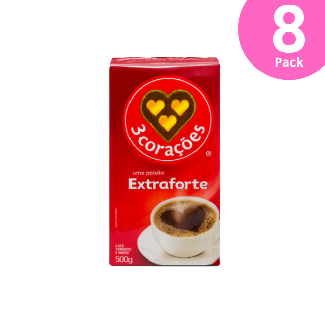 8 Packs 3 Corações Extra Forte Vacuum-Sealed Roasted and Ground Coffee - 8 x 500g (17.6 oz)