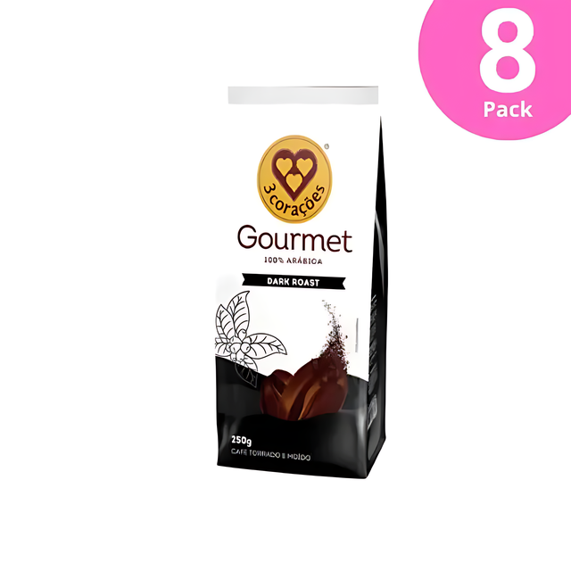 8-Pack 3 Corações Gourmet Dark Roast Coffee - Roasted and Ground, 8 x 250g (8.8 oz) - Brazilian Arabica Coffee