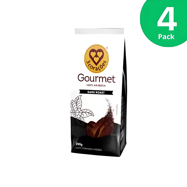 4-Pack 3 Corações Gourmet Dark Roast Coffee - Roasted and Ground, 4 x 250g (8.8 oz) - Brazilian Arabica Coffee