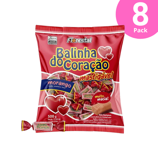 8 Pack Florestal Heart-Shaped Strawberry Chewable Candy - Balinha do Coração - 8 x 500g (17.6 oz)