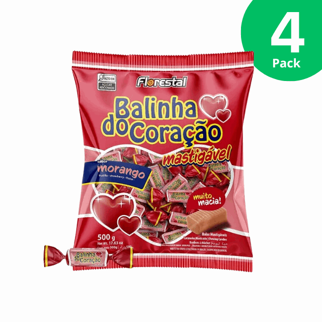 4 Packs Florestal  Super Soft Strawberry Chewable Candy - Balinha do Coração - 4 x 500g (17.6 oz)