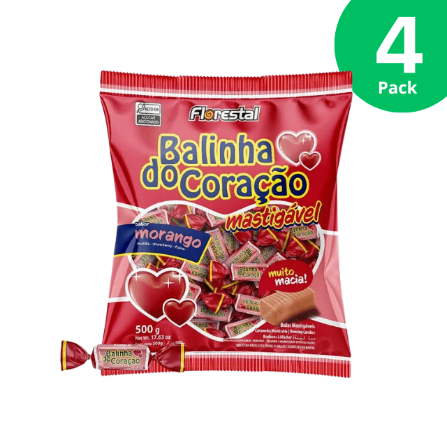 4 Packs Florestal  Super Soft Strawberry Chewable Candy - Balinha do Coração - 4 x 500g (17.6 oz)