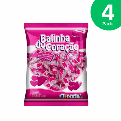 4 Packs Florestal Heart-Shaped Hard Candy - Cherry & Condensed Milk Flavor - Balinha do Coração - 4 x 500g (17.6 oz)