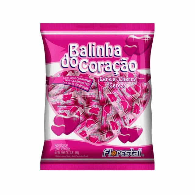 4 Packs Florestal Heart-Shaped Hard Candy - Cherry & Condensed Milk Flavor - Balinha do Coração - 4 x 500g (17.6 oz)