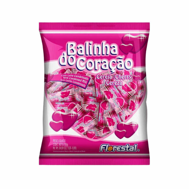 8 balení Florestal Heart-Shaped Hard Candy – příchuť třešně a kondenzovaného mléka – Balinha do Coração – 8 x 500 g (17,6 oz)
