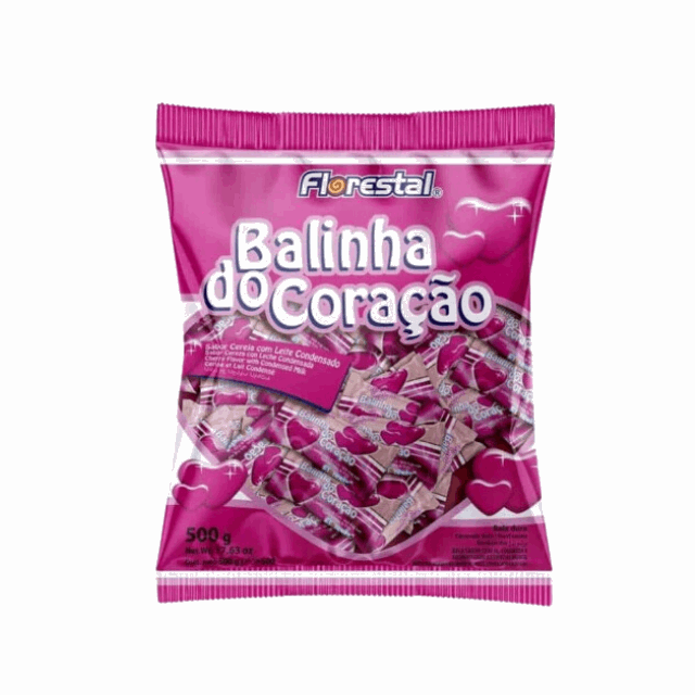 4 Packs Florestal Heart-Shaped Hard Candy - Cherry & Condensed Milk Flavor - Balinha do Coração - 4 x 500g (17.6 oz)