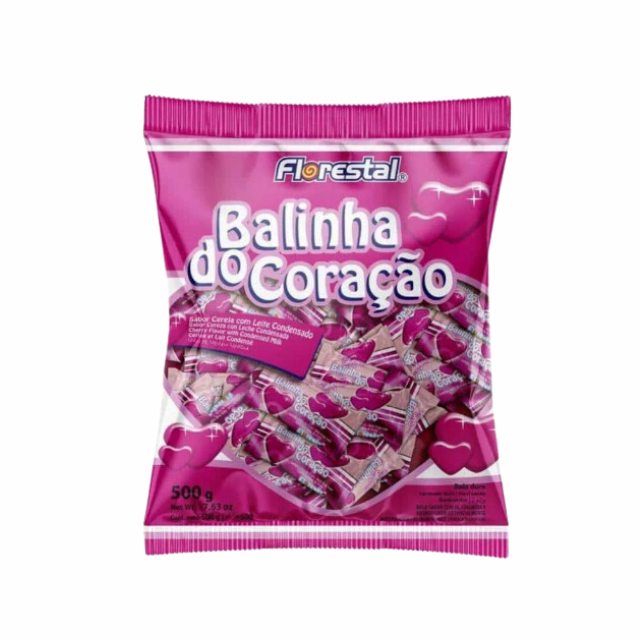 8 balení Florestal Heart-Shaped Hard Candy – příchuť třešně a kondenzovaného mléka – Balinha do Coração – 8 x 500 g (17,6 oz)