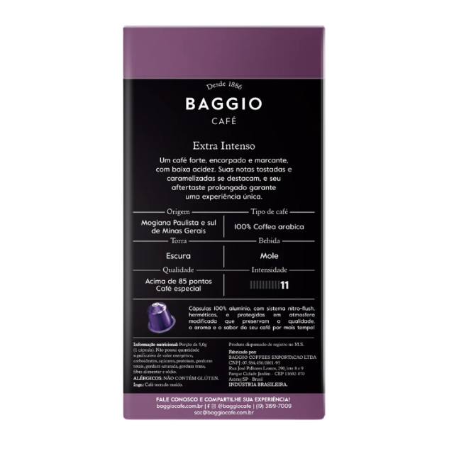 Paquet de 8 capsules de café brésilien extra intense BAGGIO - torréfaction foncée, Arabica (8 x 10 capsules) compatibles avec les machines Nespresso®