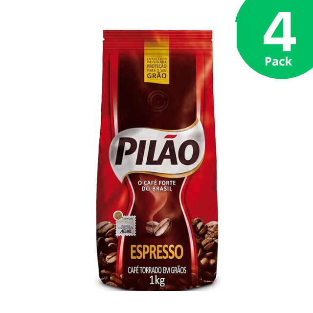 4 Packs Pilão Roasted Espresso Coffee Beans - 4 x 1kg (35.3 oz) | Authentic Brazilian Strong Coffee