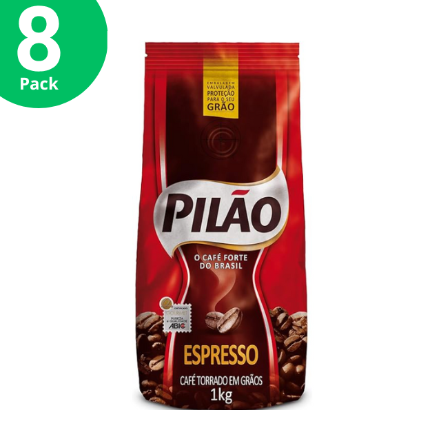 8 Packs Pilão Roasted Espresso Coffee Beans - 8 x 1kg (35.3 oz) | Authentic Brazilian Strong Coffee