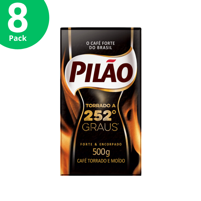 8 paquetes de café tostado y molido Pilão 252° - 8 x 500 g (17,6 oz) sellados al vacío | El café más fuerte de Brasil
