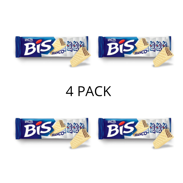4 عبوات Lacta White BIS / Bis Branco: شوكولاتة بيضاء مغلفة بشكل فردي وحلوى الويفر المقرمشة (4 × 100.8 جم / 3.55 أونصة / 20 قطعة)