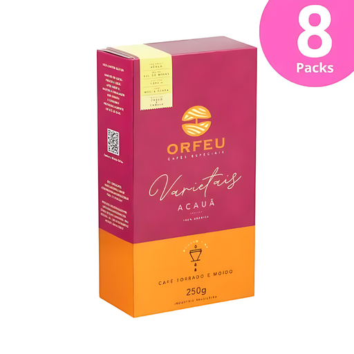 8-Pack Orfeu Acauã Ground Coffee –  Ultimate Varietal Bulk Pack – Eight bags of premium Orfeu Acauã Ground Coffee, presented together to showcase the brand's iconic packaging and commitment to quality. Buy now at MKPBR.COM – Worldwide Shipping
