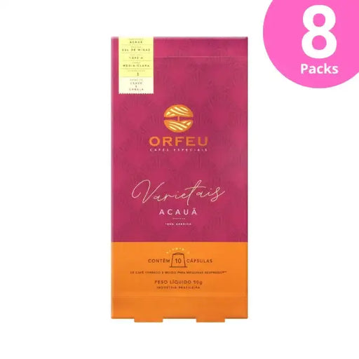 8-Pack Orfeu Acauã Nespresso Compatible Coffee Capsules – A clear image of eight distinct boxes of Orfeu Acauã Nespresso®* compatible capsules, bundled together, emphasizing bulk and ultimate value. – Buy now at MKPBR.COM – Worldwide Shipping