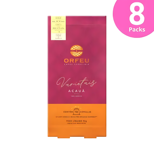 8-Pack Orfeu Acauã Nespresso Compatible Coffee Capsules – A clear image of eight distinct boxes of Orfeu Acauã Nespresso®* compatible capsules, bundled together, emphasizing bulk and ultimate value. – Buy now at MKPBR.COM – Worldwide Shipping