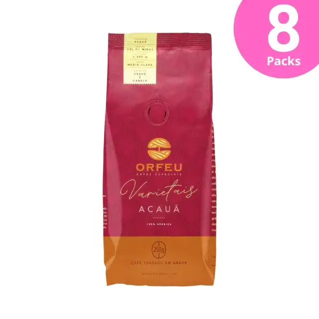 8-Pack Orfeu Acauã Whole Bean Coffee – A clear image of eight distinct packages of Orfeu Acauã Whole Bean Coffee, bundled together, emphasizing bulk and ultimate value. – Buy now at MKPBR.COM – Worldwide Shipping
