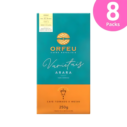 8-Pack Orfeu Arara Ground Coffee –  A clean, studio-style image showcasing the 8-Pack Orfeu Arara Ground Coffee Variety Pack against a minimalist white background. Each bag highlights its distinctive Arara variety label, emphasizing the 100% Arabica beans sourced from Sul de Minas, Brazil. Ideal for coffee lovers seeking a bulk purchase of premium Brazilian coffee with rich aroma and flavor.