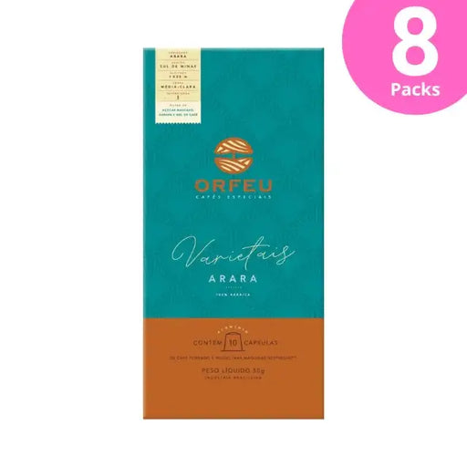 8-Pack Orfeu Arara Nespresso Compatible Coffee Capsules - A clear image of eight distinct boxes of Orfeu Arara Nespresso®* compatible capsules, bundled together, emphasizing bulk and ultimate value. – Buy now at MKPBR.COM – Worldwide Shipping