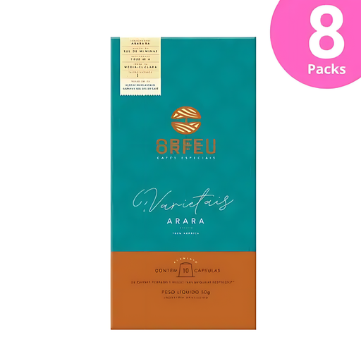8-Pack Orfeu Arara Nespresso Compatible Coffee Capsules - A clear image of eight distinct boxes of Orfeu Arara Nespresso®* compatible capsules, bundled together, emphasizing bulk and ultimate value. – Buy now at MKPBR.COM – Worldwide Shipping