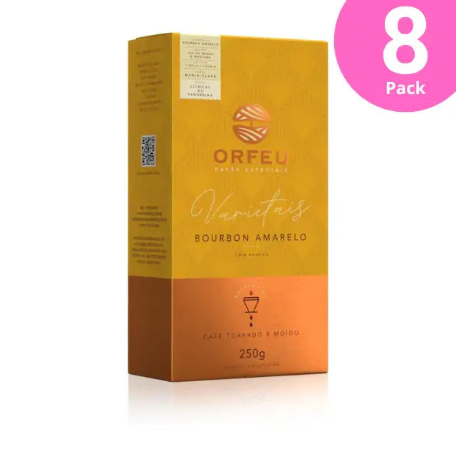 8-Pack Orfeu Bourbon Amarelo Ground Coffee – 100% Arabica, Bright Citrus & Complex Flavors, Medium-Light Roast – 8 x 8.82 oz (250g) – Ultimate Varietal Bulk Supply – Detailed shot of one bag from the 8-pack, emphasizing '100% Arabica' and the distinct citrus notes, representing the quality across the entire bulk offering. – Buy now at MKPBR.COM – Worldwide Shipping