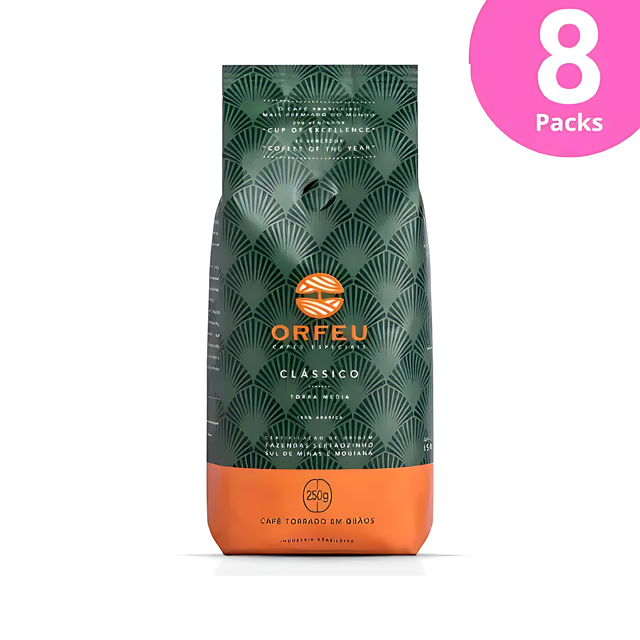 8-Pack Orfeu Classic Whole Bean Coffee – 100% Arabica, Fruity, Chocolate & Caramel, Medium Roast – 8 x 8.82 oz (250g) – Ultimate Bulk & Resale Option – A clear image of eight pack of Orfeu Classic Whole Bean Coffee, emphasizing ultimate value and bulk. – Buy now at MKPBR.COM – Worldwide Shipping
