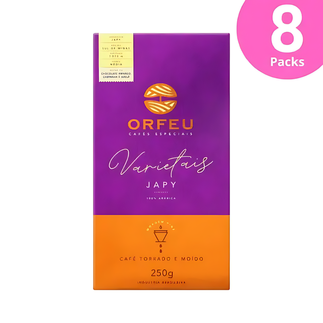8-Pack Orfeu Japy Ground Coffee - A clear image of eight pack of Orfeu Japy Ground Coffee, emphasizing bulk and ultimate value. – Buy now at MKPBR.COM – Worldwide Shipping