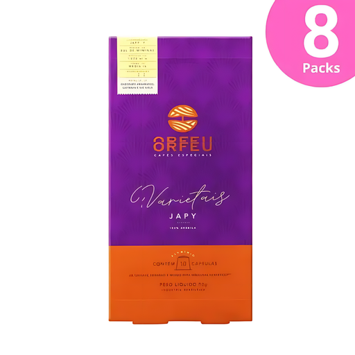 8-Pack Orfeu Japy Nespresso Compatible Coffee Capsules – A clear image of eight pack of Orfeu Japy Nespresso®* compatible capsules, emphasizing bulk and ultimate value. – Buy now at MKPBR.COM – Worldwide Shipping