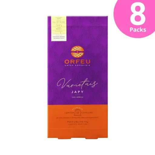 8-Pack Orfeu Japy Nespresso Compatible Coffee Capsules – A clear image of eight pack of Orfeu Japy Nespresso®* compatible capsules, emphasizing bulk and ultimate value. – Buy now at MKPBR.COM – Worldwide Shipping