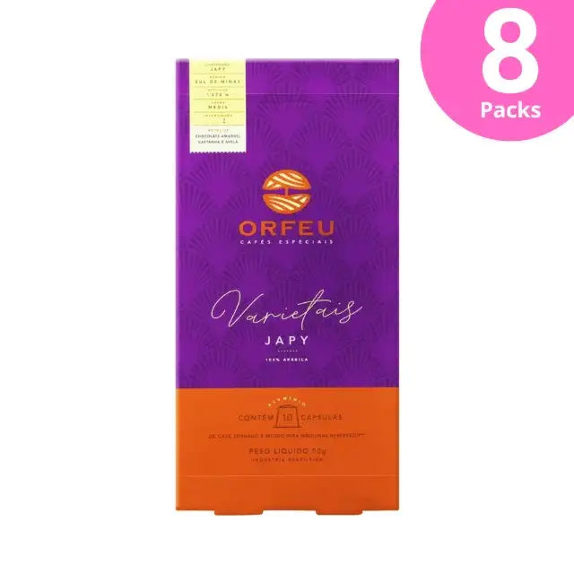 8-Pack Orfeu Japy Nespresso Compatible Coffee Capsules – A clear image of eight pack of Orfeu Japy Nespresso®* compatible capsules, emphasizing bulk and ultimate value. – Buy now at MKPBR.COM – Worldwide Shipping