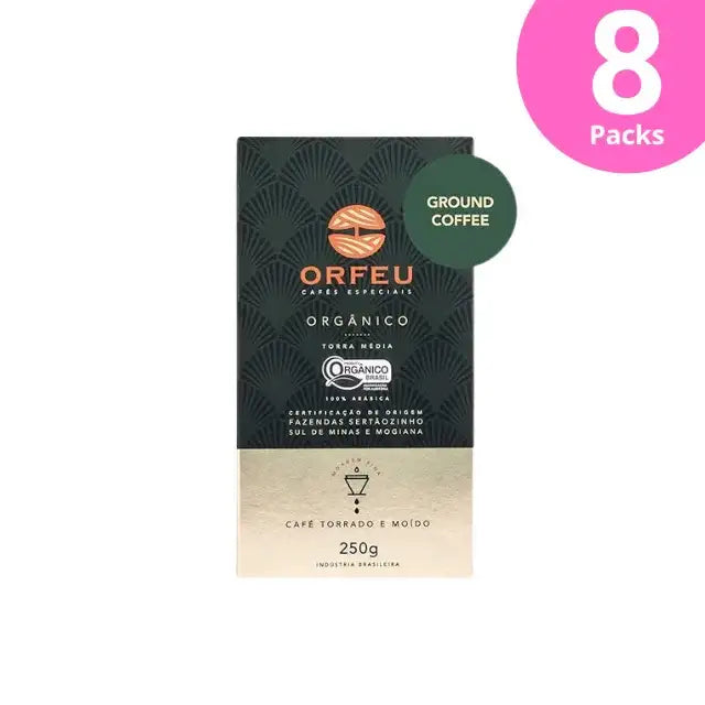 8-Pack Orfeu Organic Ground Coffee – 100% Arabica, Indulgent Chocolate & Caramel, Medium Roast – 8 x 8.82 oz (250g) – Ultimate Organic Bulk & Resale – A clear image of eight pack of Orfeu Organic Ground Coffee, emphasizing bulk and organic value. – Buy now at MKPBR.COM – Worldwide Shipping