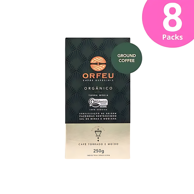 8-Pack Orfeu Organic Ground Coffee – 100% Arabica, Indulgent Chocolate & Caramel, Medium Roast – 8 x 8.82 oz (250g) – Ultimate Organic Bulk & Resale – A clear image of eight pack of Orfeu Organic Ground Coffee, emphasizing bulk and organic value. – Buy now at MKPBR.COM – Worldwide Shipping