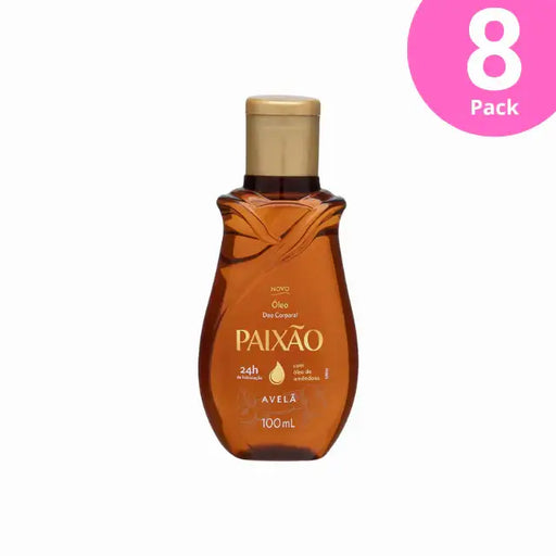 Front view of Paixão Avelã (Hazelnut) deodorant body oil, 3.38 fl oz (100 mL), amber bottle with gold cap. Buy now at MKPBR.COM – Worldwide Shipping