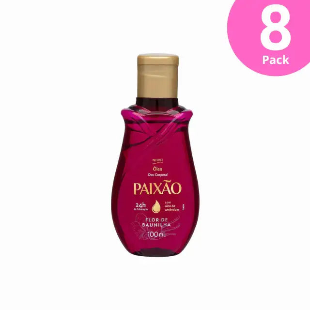 Paixão Flor de Baunilha body oil 100 mL front view on white; label notes 24h hydration and almond oil. Buy now at MKPBR.COM – Worldwide Shipping