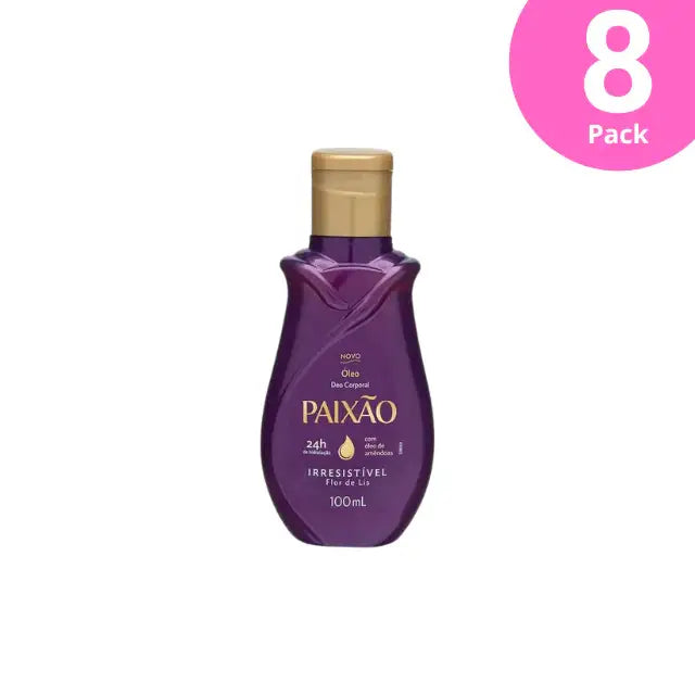 Paixão Irresistível Flor de Lis Body Oil 100 mL, elegant purple bottle with gold cap, front view on a clean background – Buy now at MKPBR.COM – Worldwide Shipping