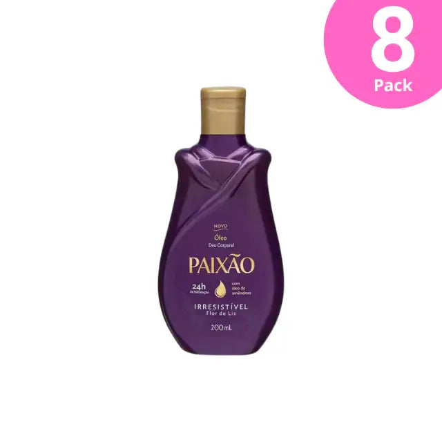 Paixão Irresistível Flor de Lis Body Oil 200 mL, elegant purple bottle with gold cap, front view on a clean background – Buy now at MKPBR.COM – Worldwide Shipping