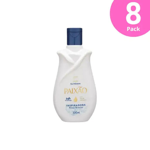 Paixao Inspiring deodorant moisturizing lotion with almond oil, 200 ml bottle, front on white background. Buy now at MKPBR.COM – Worldwide Shipping