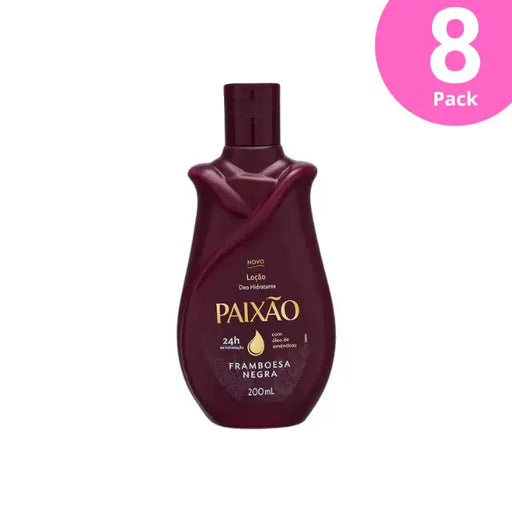  Paixão Framboesa Negra Hydrating Deodorant Body Lotion with Almond Oil – 24H Intense Moisture, 6.76 oz (200 mL) – Front view of the distinctive dark plum bottle on a white background – Buy now at MKPBR.COM – Worldwide Shipping