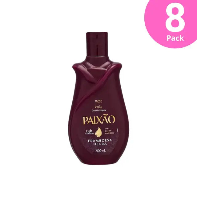  Paixão Framboesa Negra Hydrating Deodorant Body Lotion with Almond Oil – 24H Intense Moisture, 6.76 oz (200 mL) – Front view of the distinctive dark plum bottle on a white background – Buy now at MKPBR.COM – Worldwide Shipping