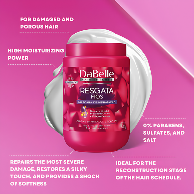 DaBelle Resgata Fios Reconstruction Hair Mask for Damaged & Porous Hair, Deep Repair & “Melt” Softness – 28.22 oz (800 g) or 14.11 oz (400 g)