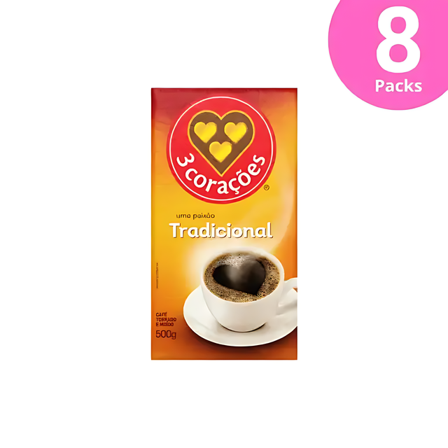 8-Pack 3 Corações Traditional Vacuum-Packed Ground Coffee - 8 x 500g (17.6 oz)