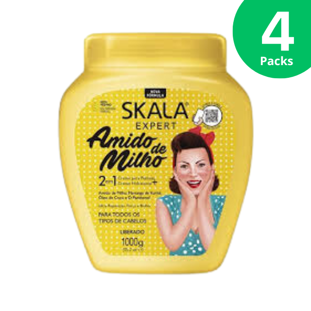 4 Packs Skala Amido de Milho 2 in 1 - Corn Starch - Leave-in Conditioner and Hydrating Cream - 4 x 1000g (35.3 oz) - Vegan, Sulfate and Paraben-Free