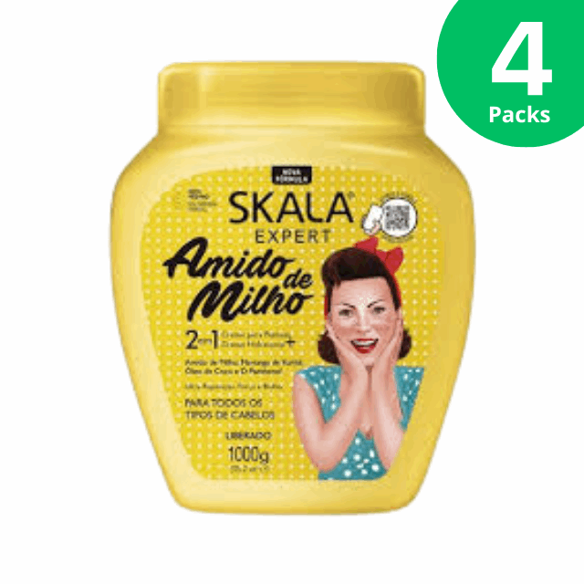 4 Packs Skala Amido de Milho 2 in 1 - Corn Starch - Leave-in Conditioner and Hydrating Cream - 4 x 1000g (35.3 oz) - Vegan, Sulfate and Paraben-Free